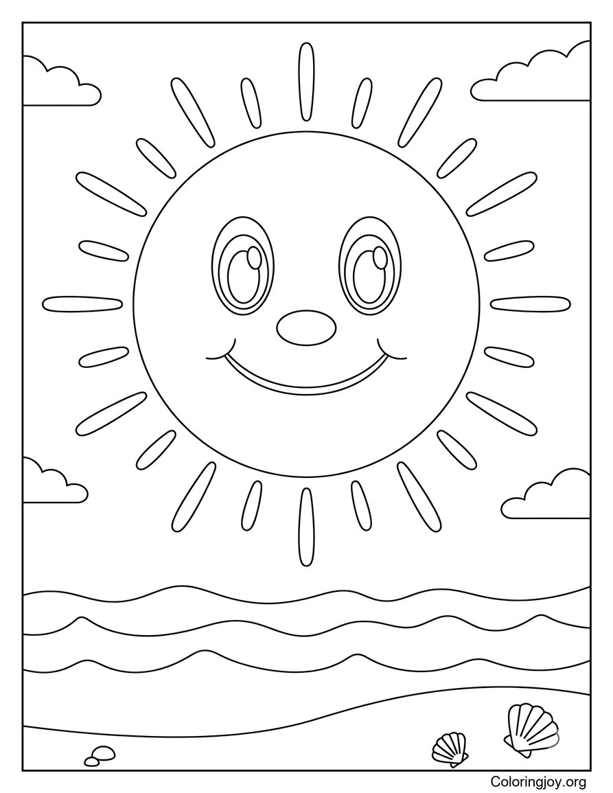 Easy Smiling Sun Over Simple Beach Waves Coloring Page