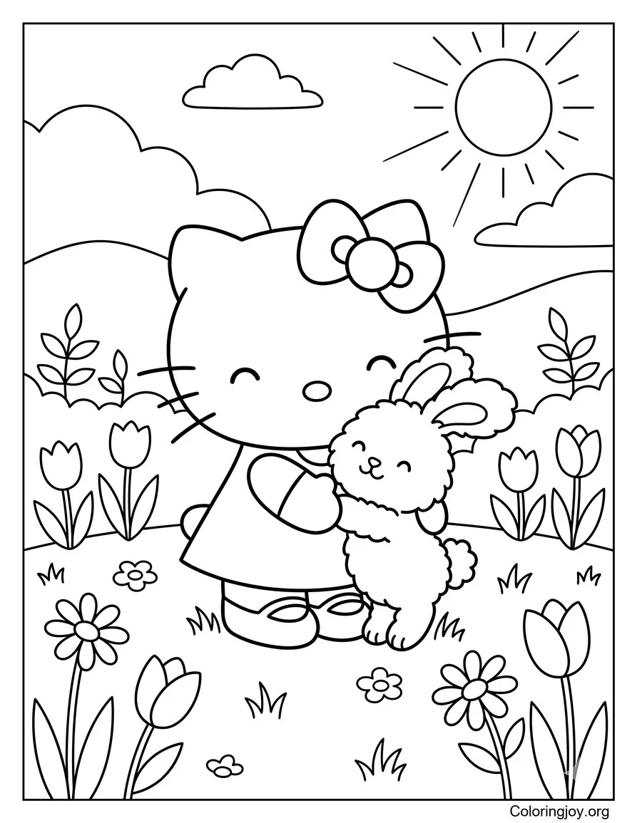 Abrazo de conejito de primavera con Hello Kitty