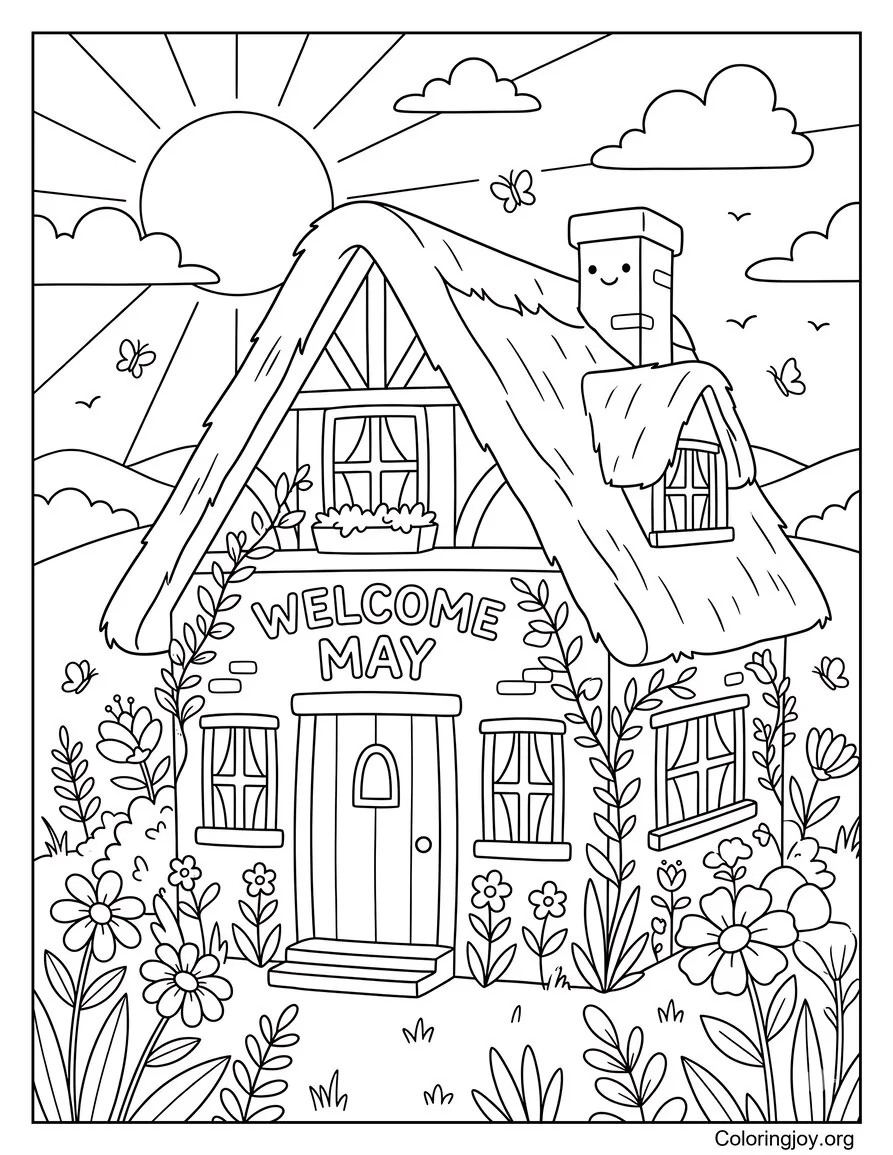 Acogedora cabaña rodeada de plantas primaverales Hoja para colorear