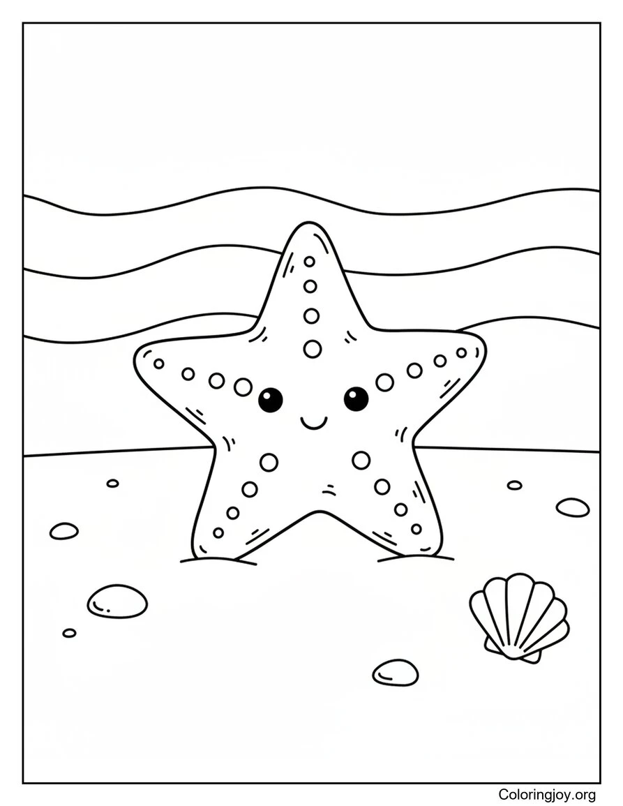 Página para colorear de amigable estrella de mar descansando en la orilla de la playa