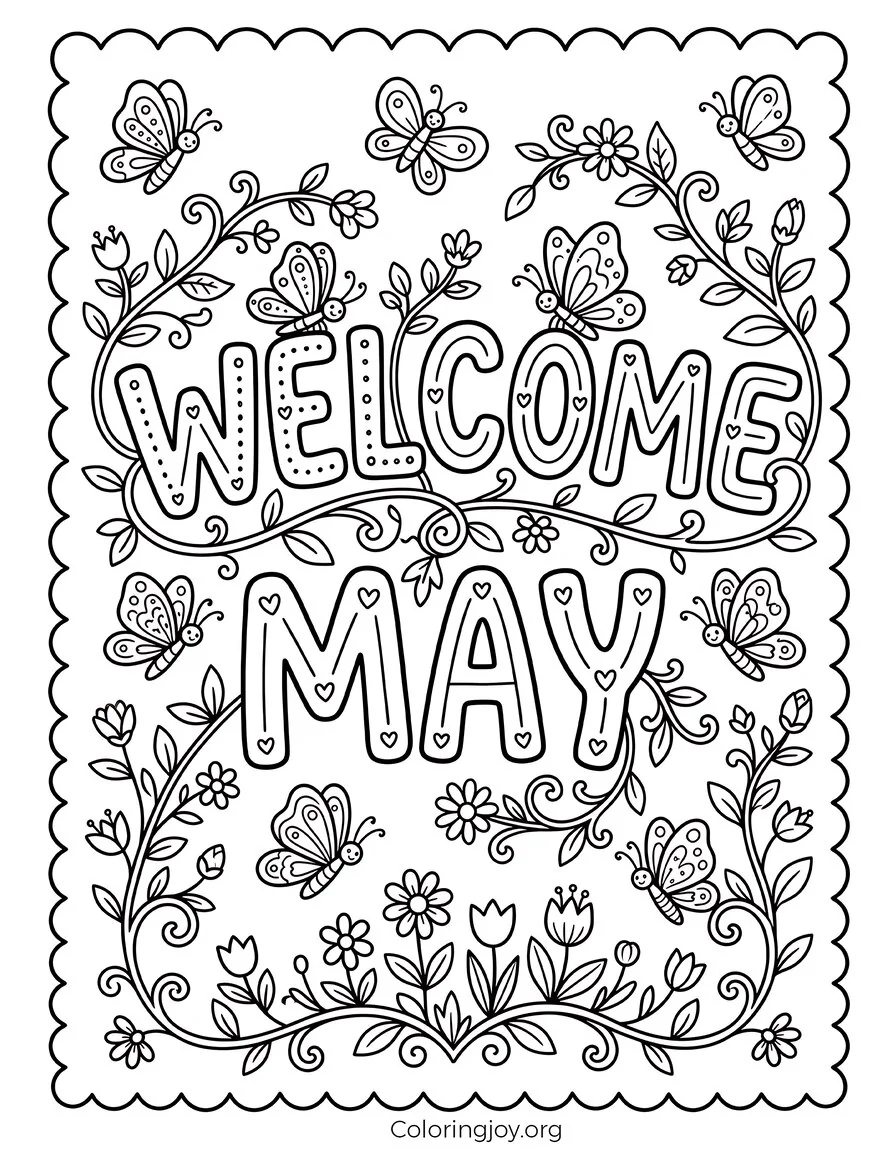 Hoja para colorear de letras de bienvenida de mayo con mariposas y enredaderas