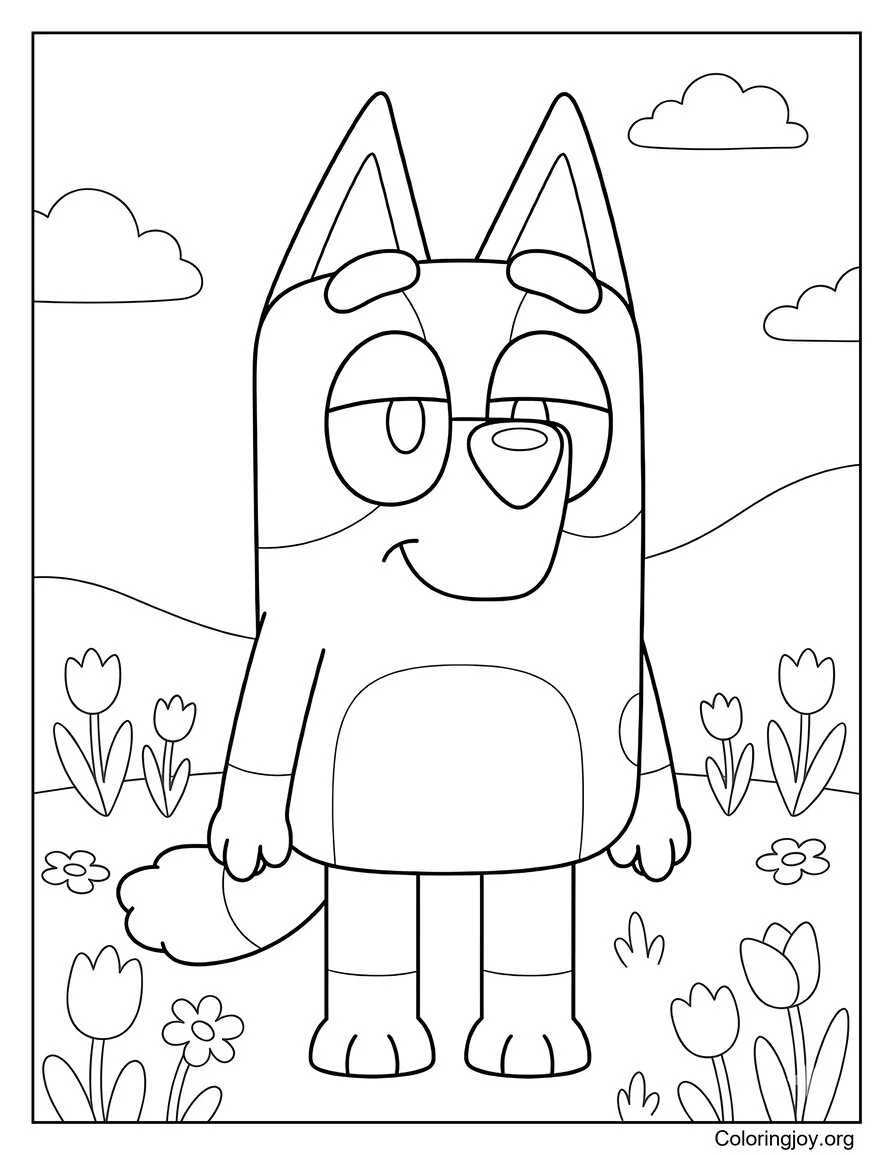 Bluey Página para colorear del campo de flores de primavera