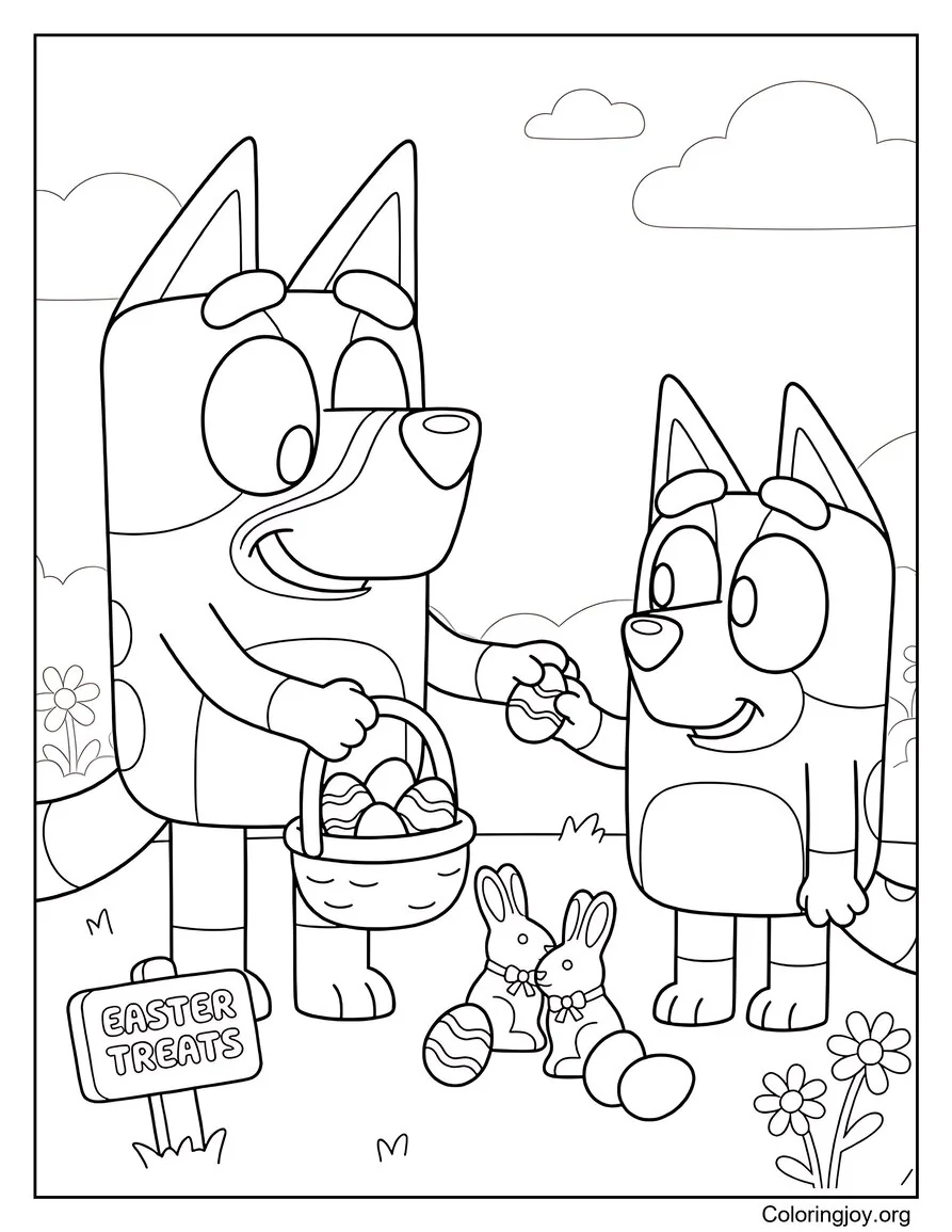 Bluey Página para colorear Compartiendo golosinas de Pascua