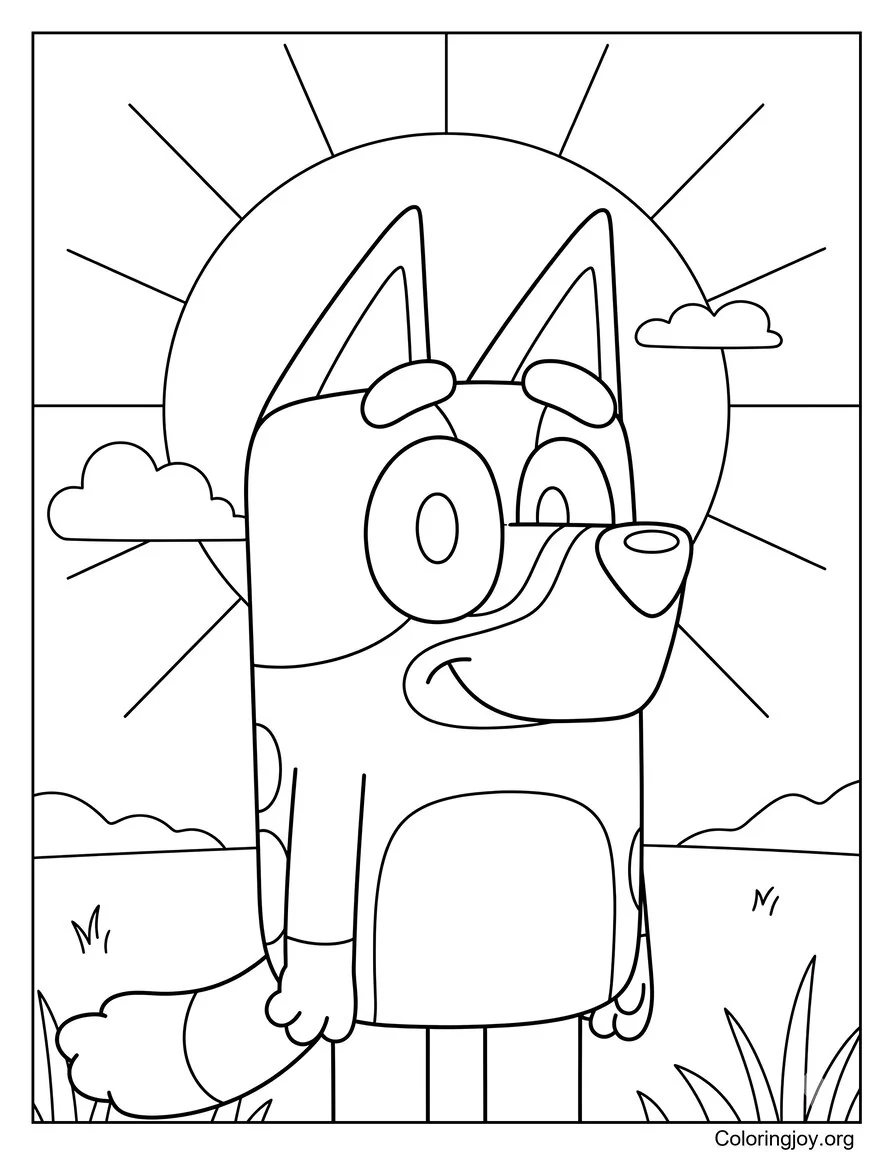 Bluey con sol y nubes suaves detrás