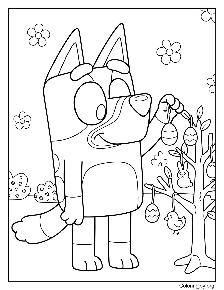 Bluey Página para colorear decorando el árbol de Pascua