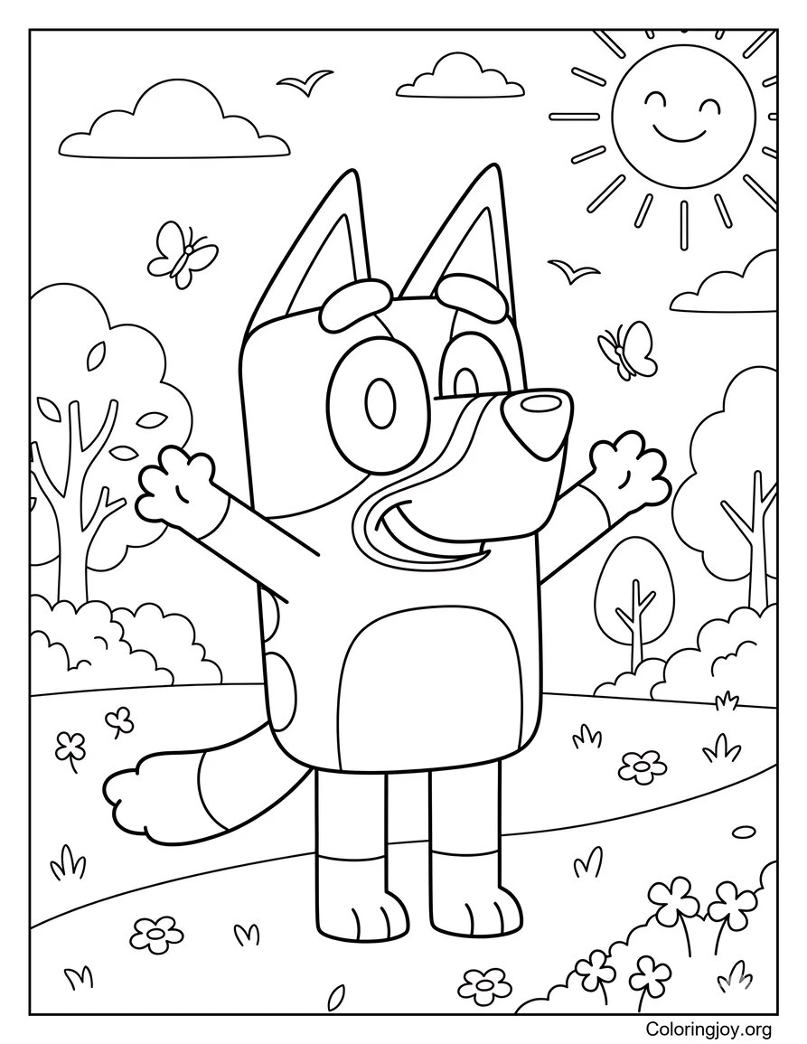 Bluey Disfrutando de un día soleado de primavera en el parque Página para colorear
