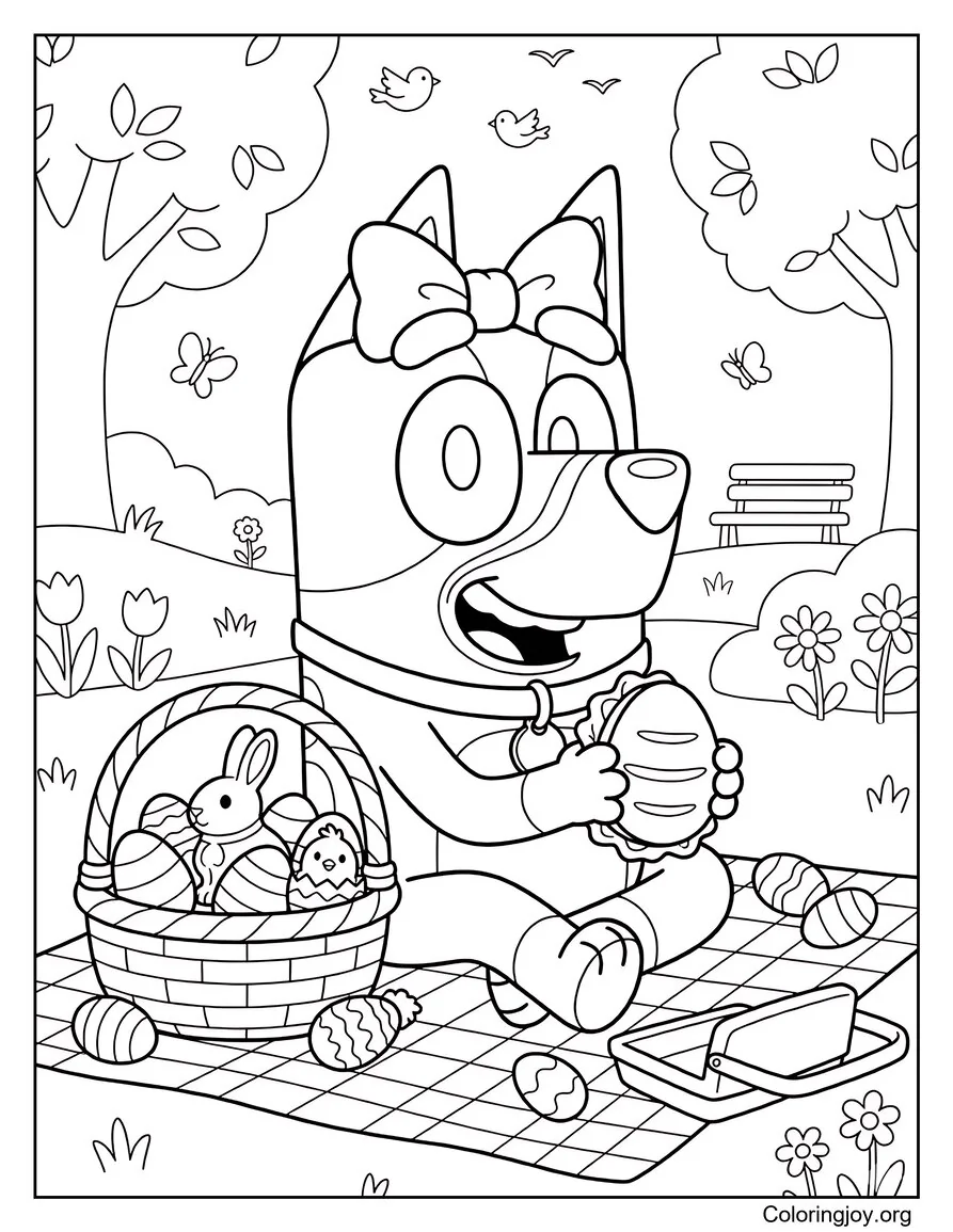 Bluey Página para colorear de la escena del picnic de Pascua