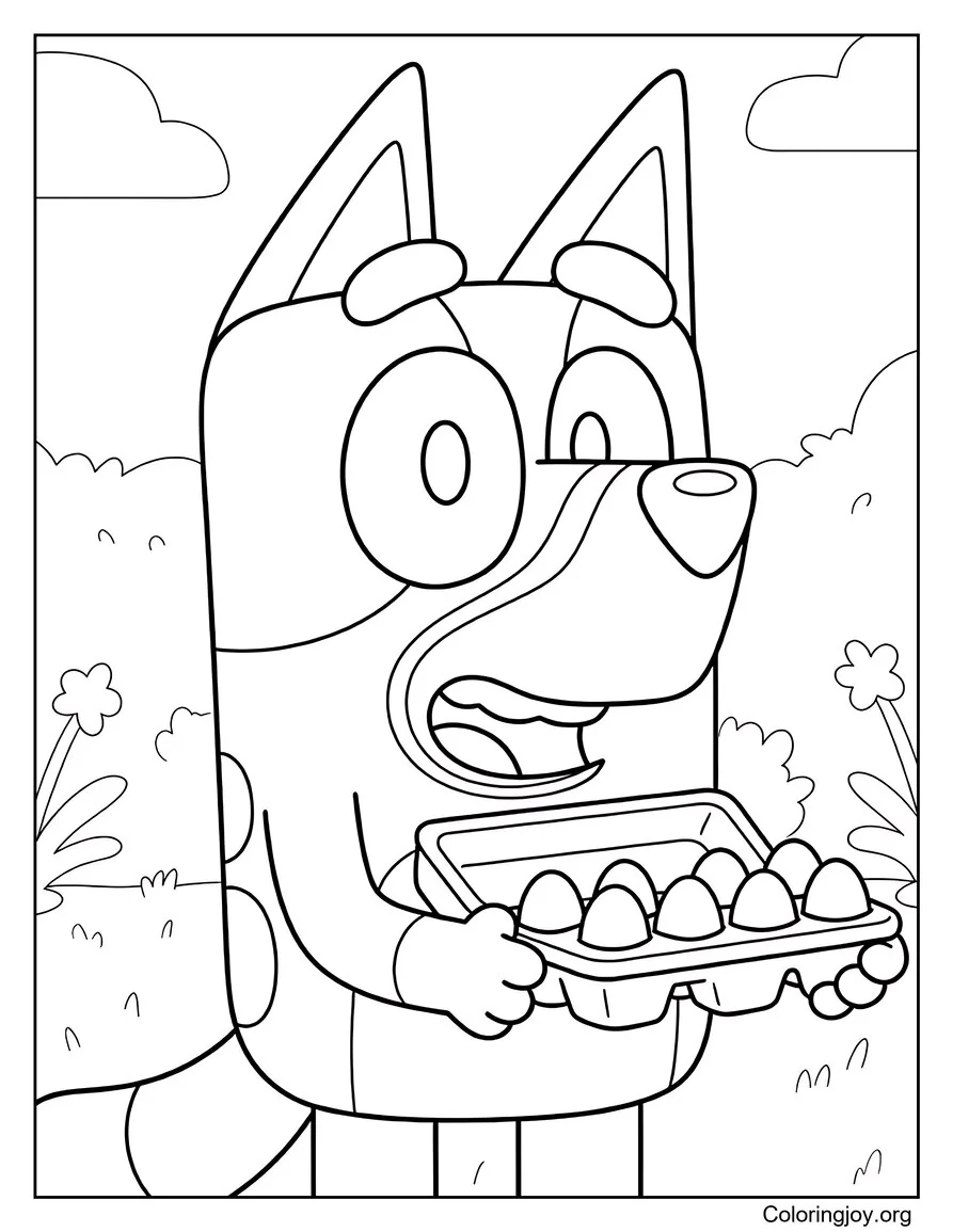 Bluey Página para colorear llevando un cartón de huevos