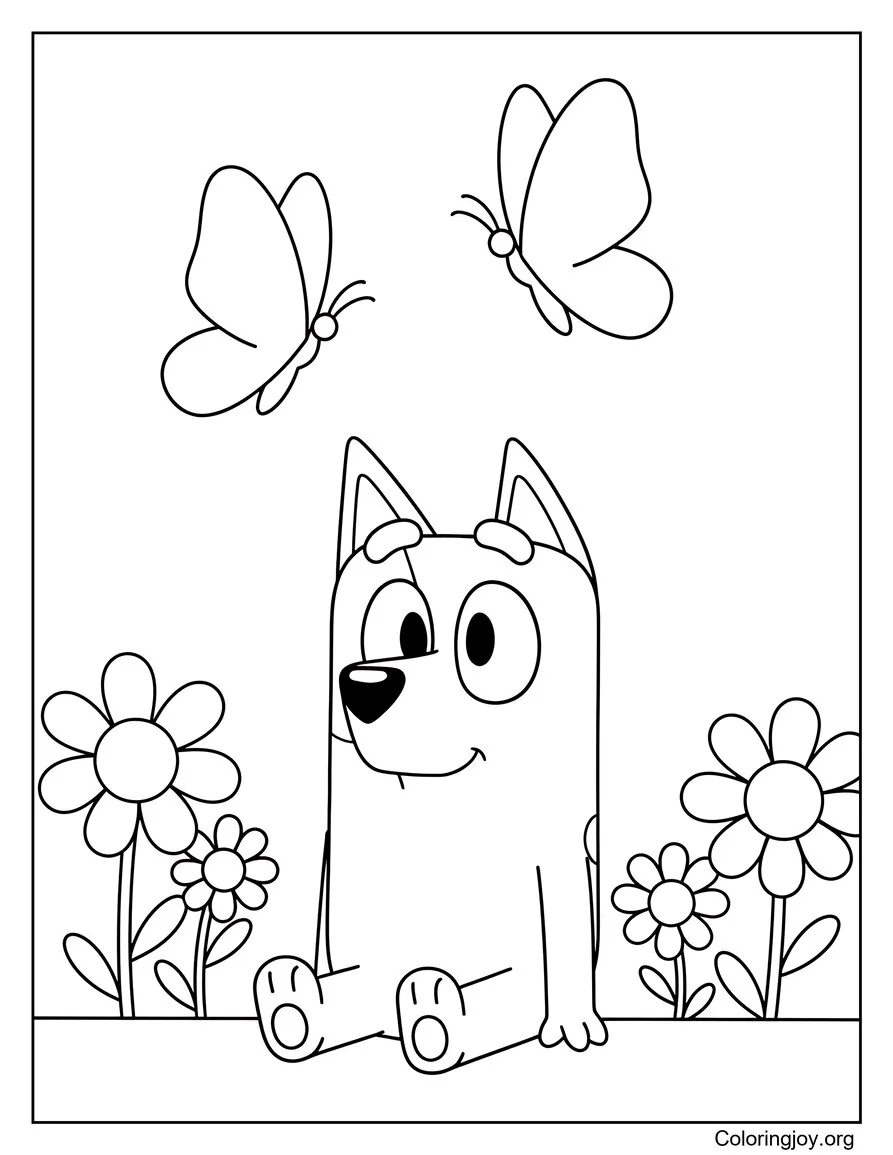 Bluey Observando mariposas en un jardín de flores