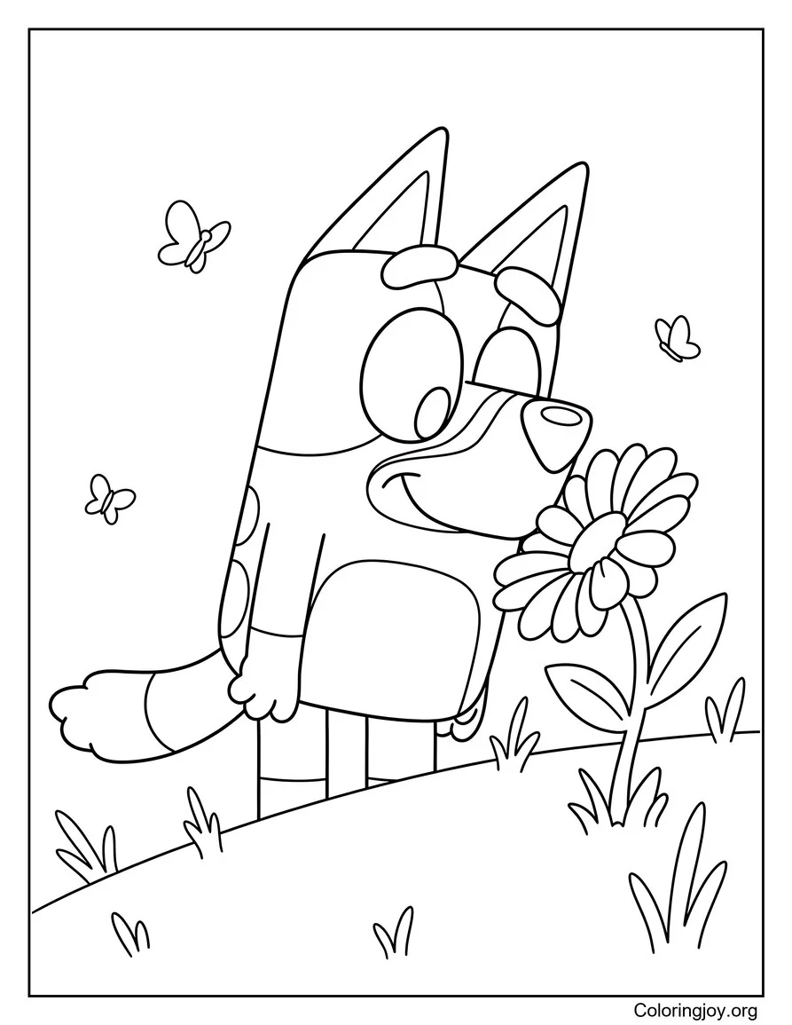 Bluey Oliendo una gran flor de primavera