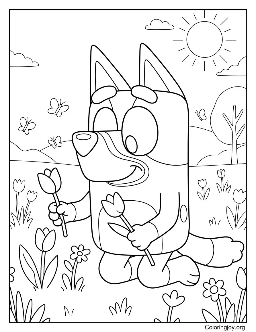 Bluey Página para colorear recogiendo tulipanes en un campo de flores