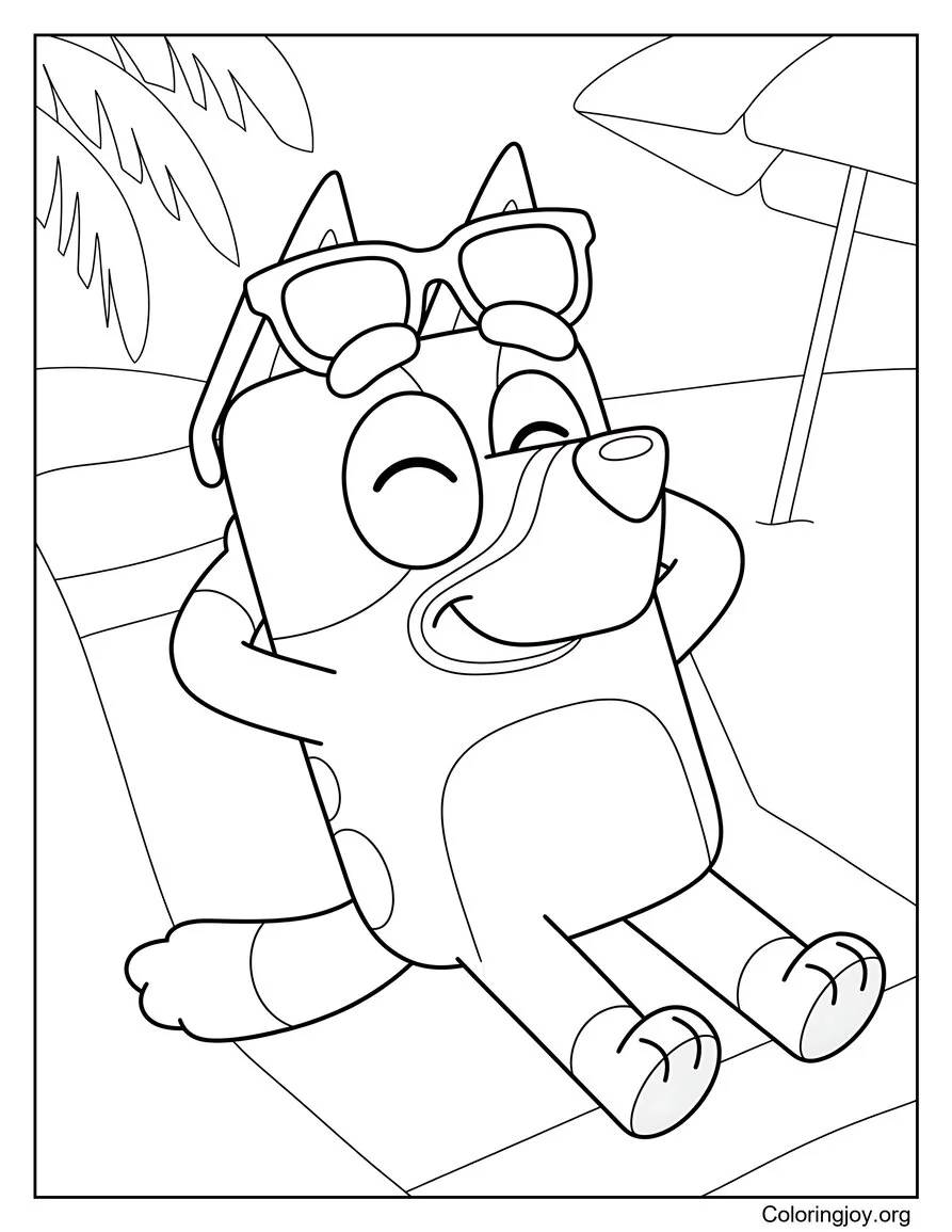 Bluey Relajándose en una postura relajada en la playa