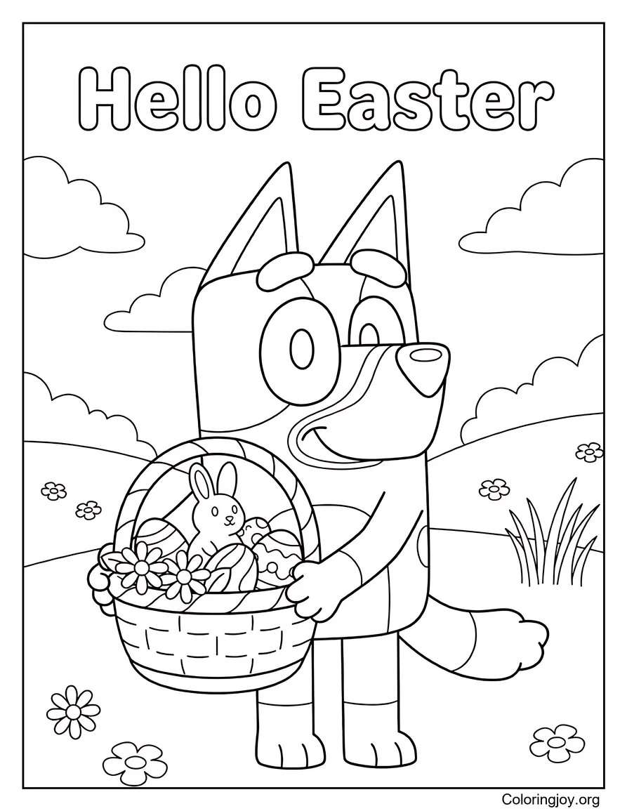 Bluey Página para colorear sosteniendo una canasta de Pascua