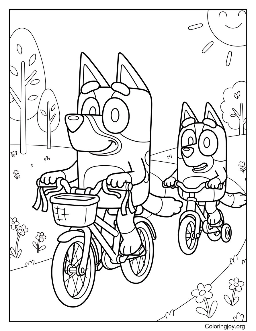 Bluey y bingo andando en bicicleta en un día soleado de primavera