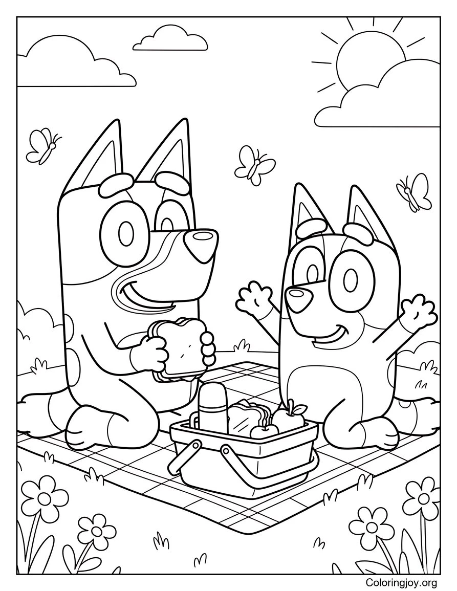 Bluey y Bingo teniendo un picnic de primavera Página para colorear