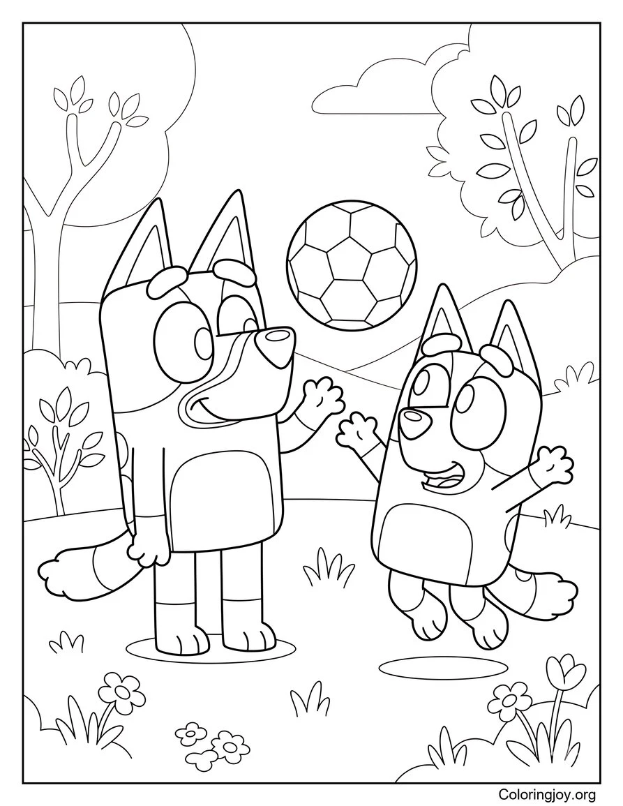 Bluey y bingo jugando con una pelota en Spring Park