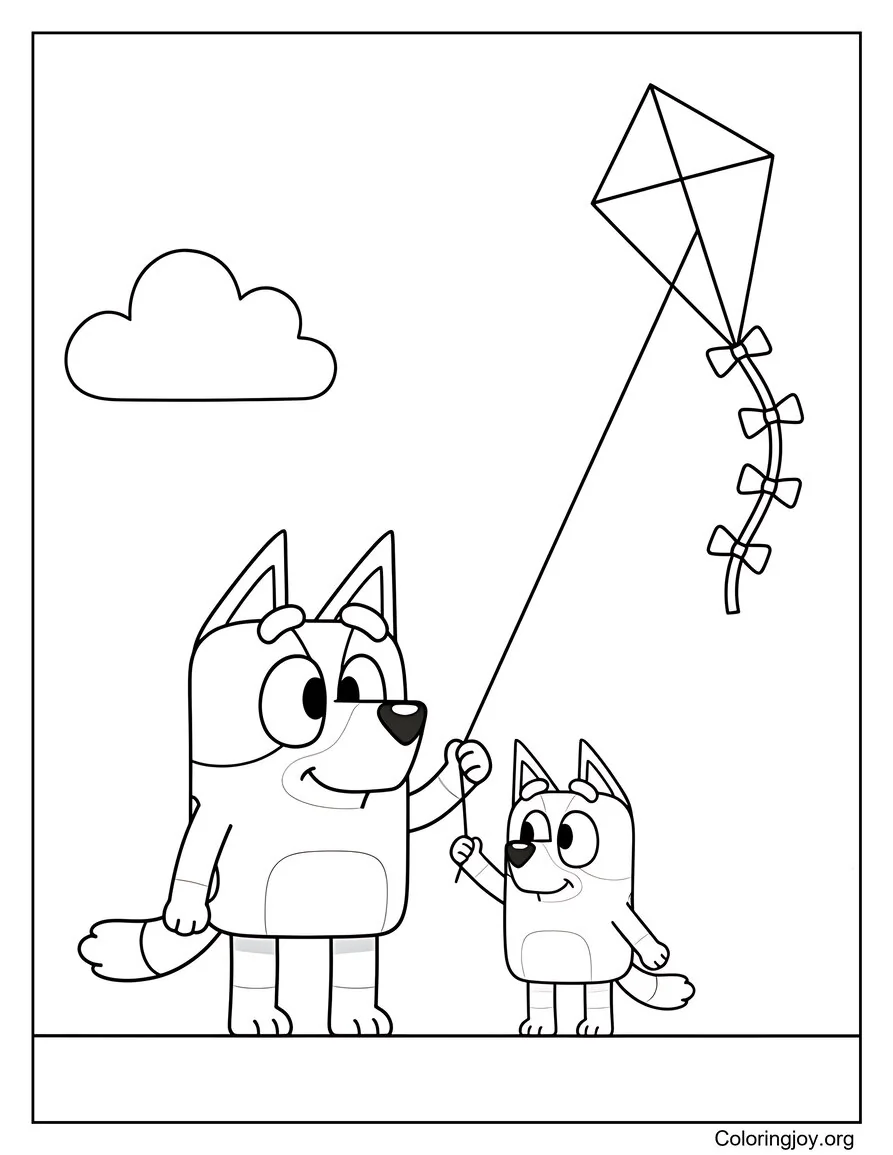 Bluey y bingo volando una cometa en un ventoso día de primavera