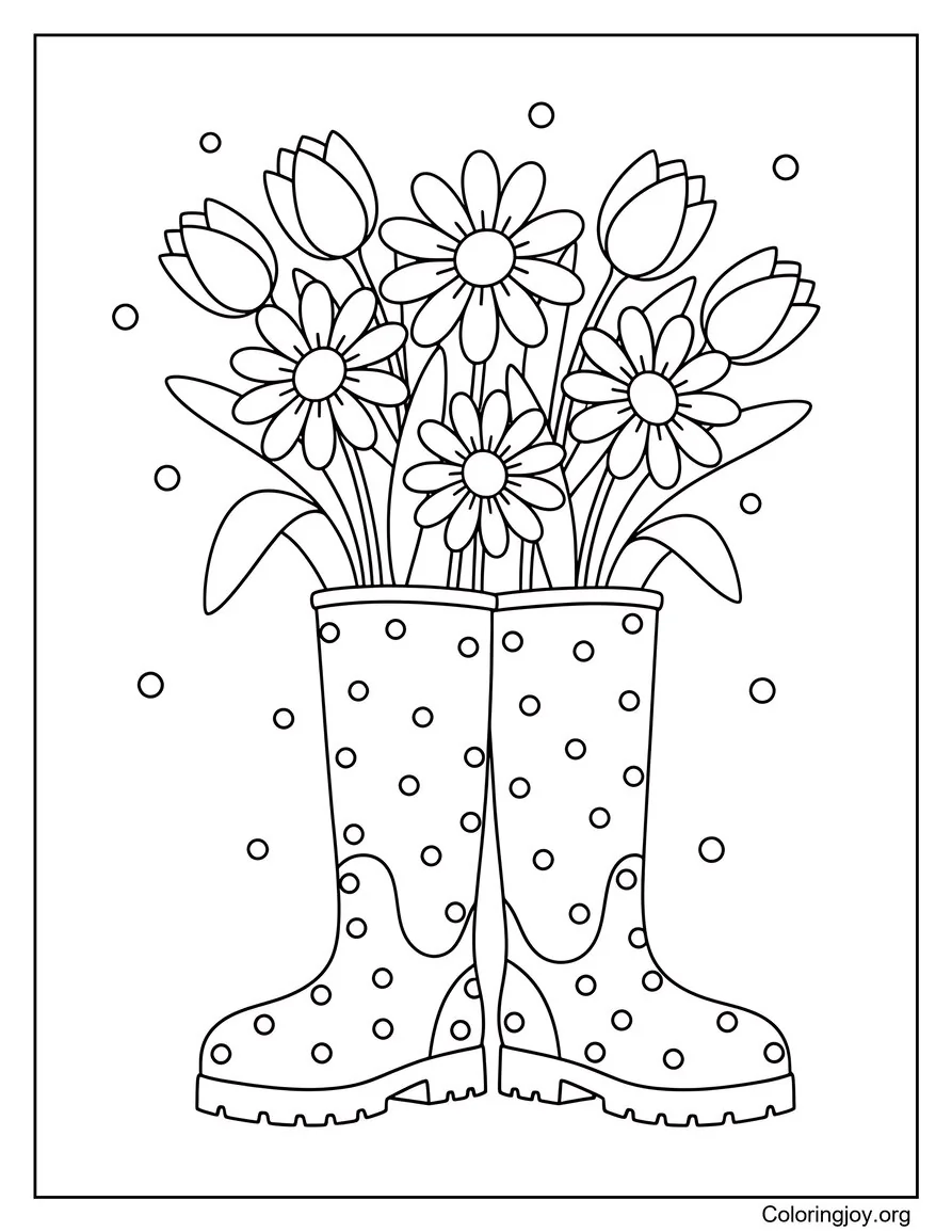 Página para colorear de botas de lluvia llenas de flores primaverales