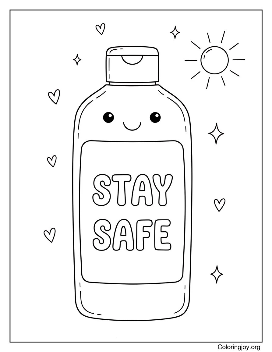 Botella de protector solar Página para colorear de seguridad de verano para niños