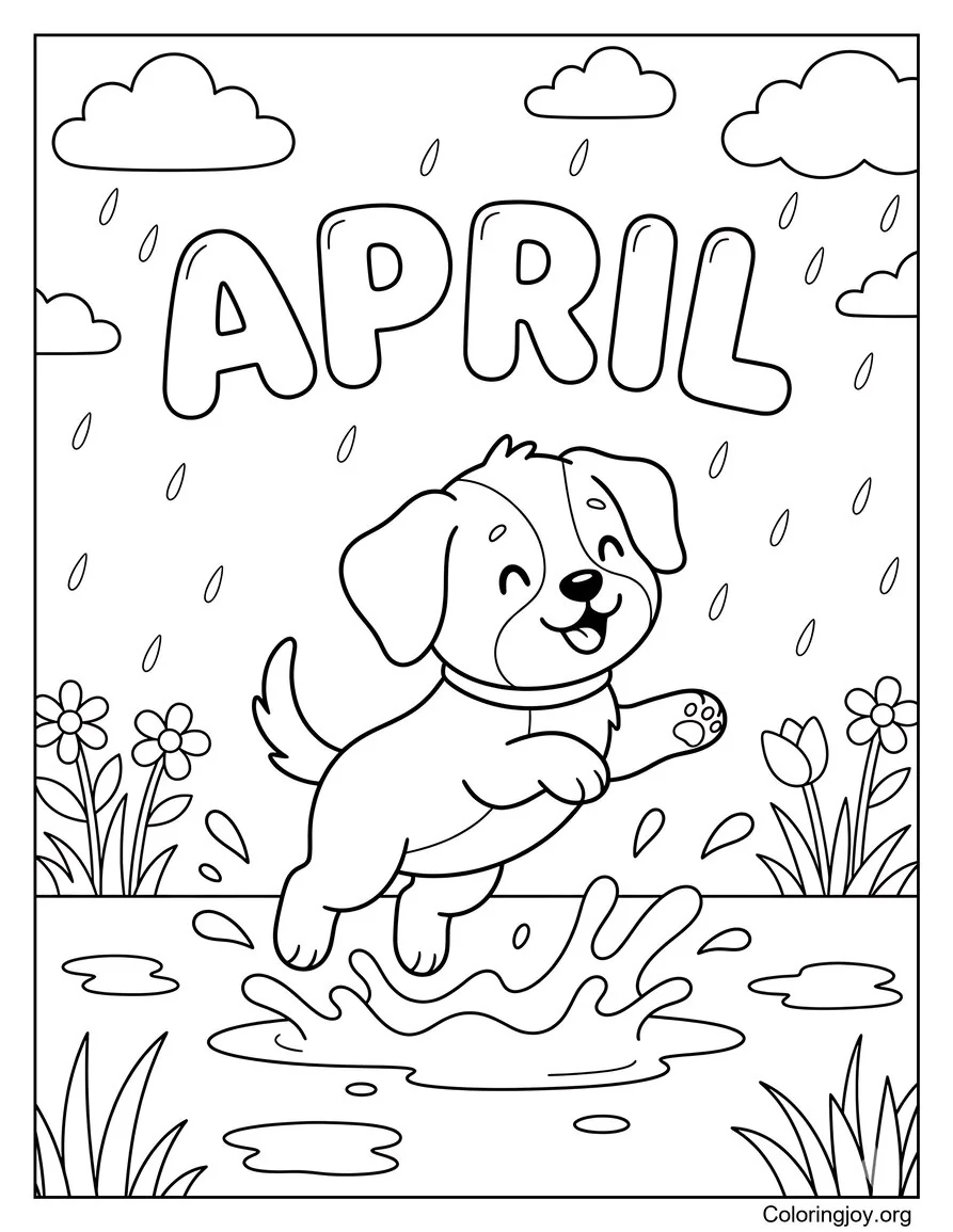 Cachorro chapoteando en los charcos de abril