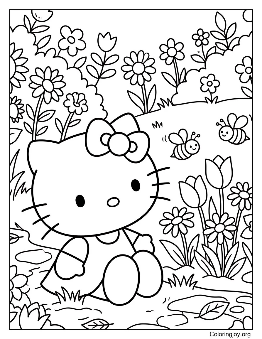 Caminando por un jardín de flores con Hello Kitty