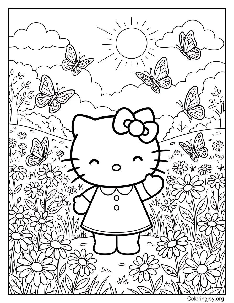 Campo de margaritas con mariposas y Hello Kitty