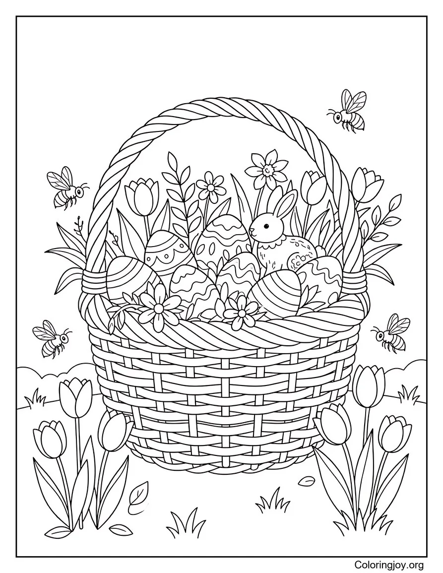 Cesta de Pascua en jardín de tulipanes con abejas