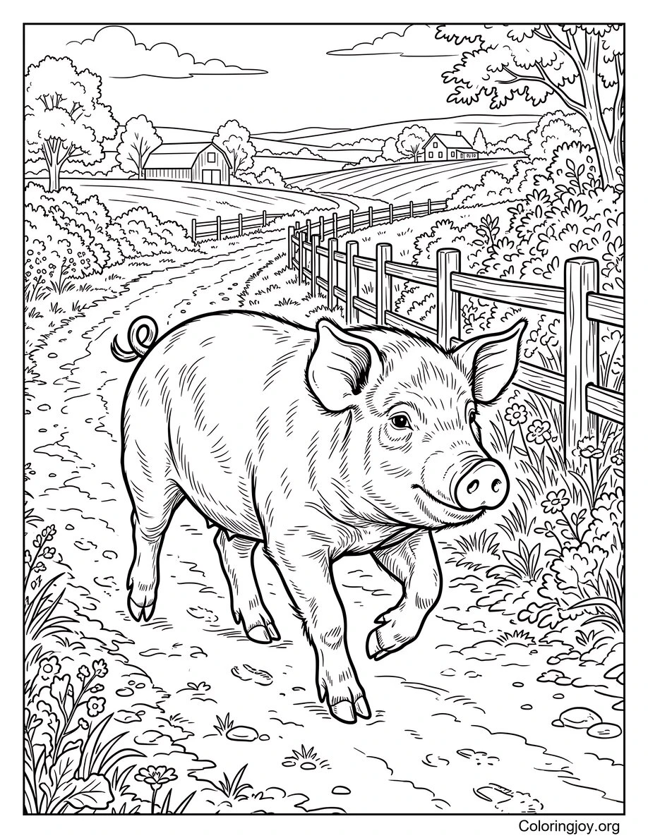 Cerdo de granja caminando por camino de tierra