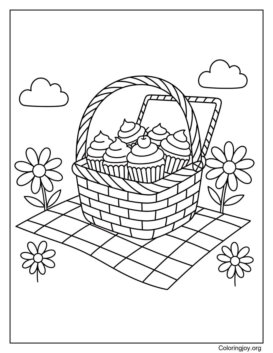 Cesta de cupcakes sobre manta de picnic