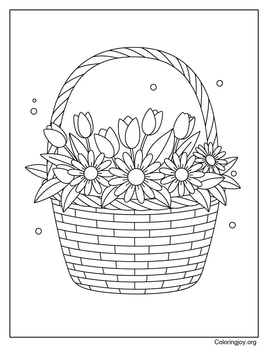 Página para colorear de cesta de flores de primavera