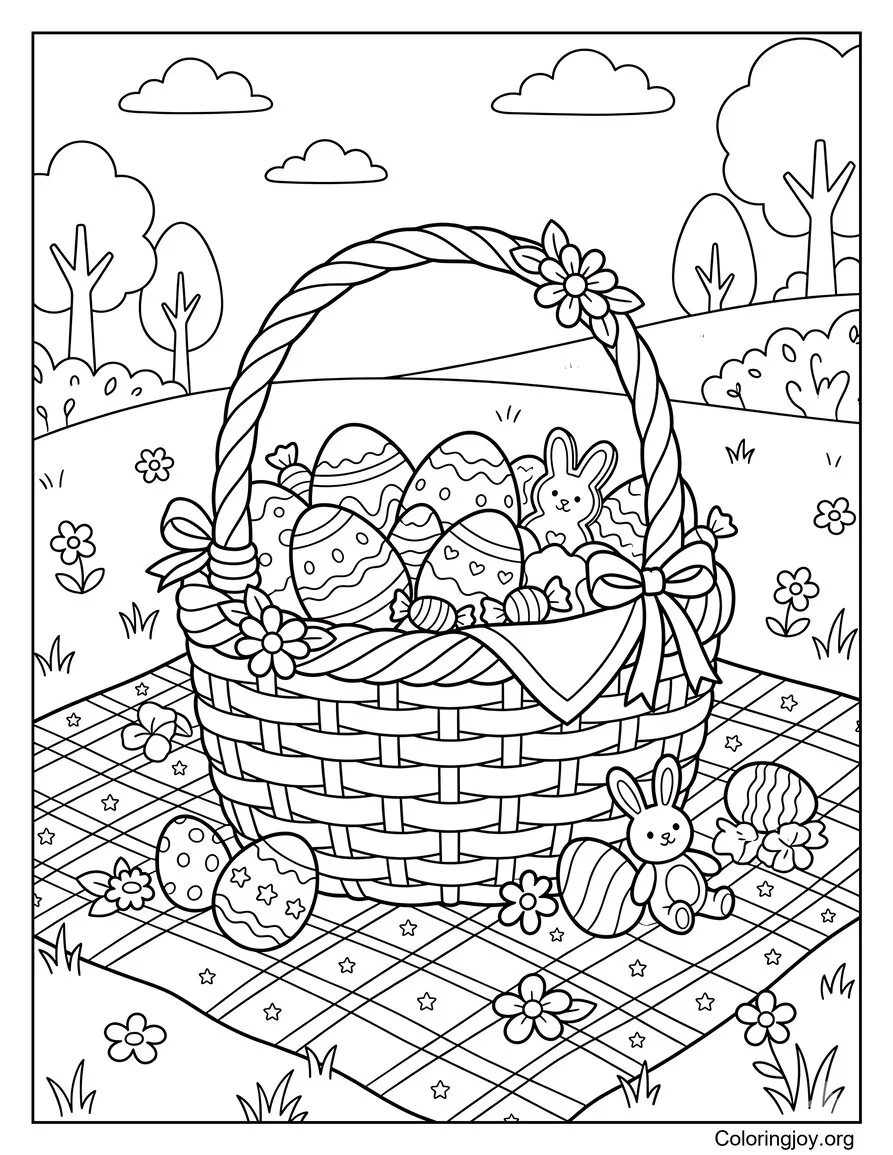 Página para colorear de canasta de Pascua estilo picnic