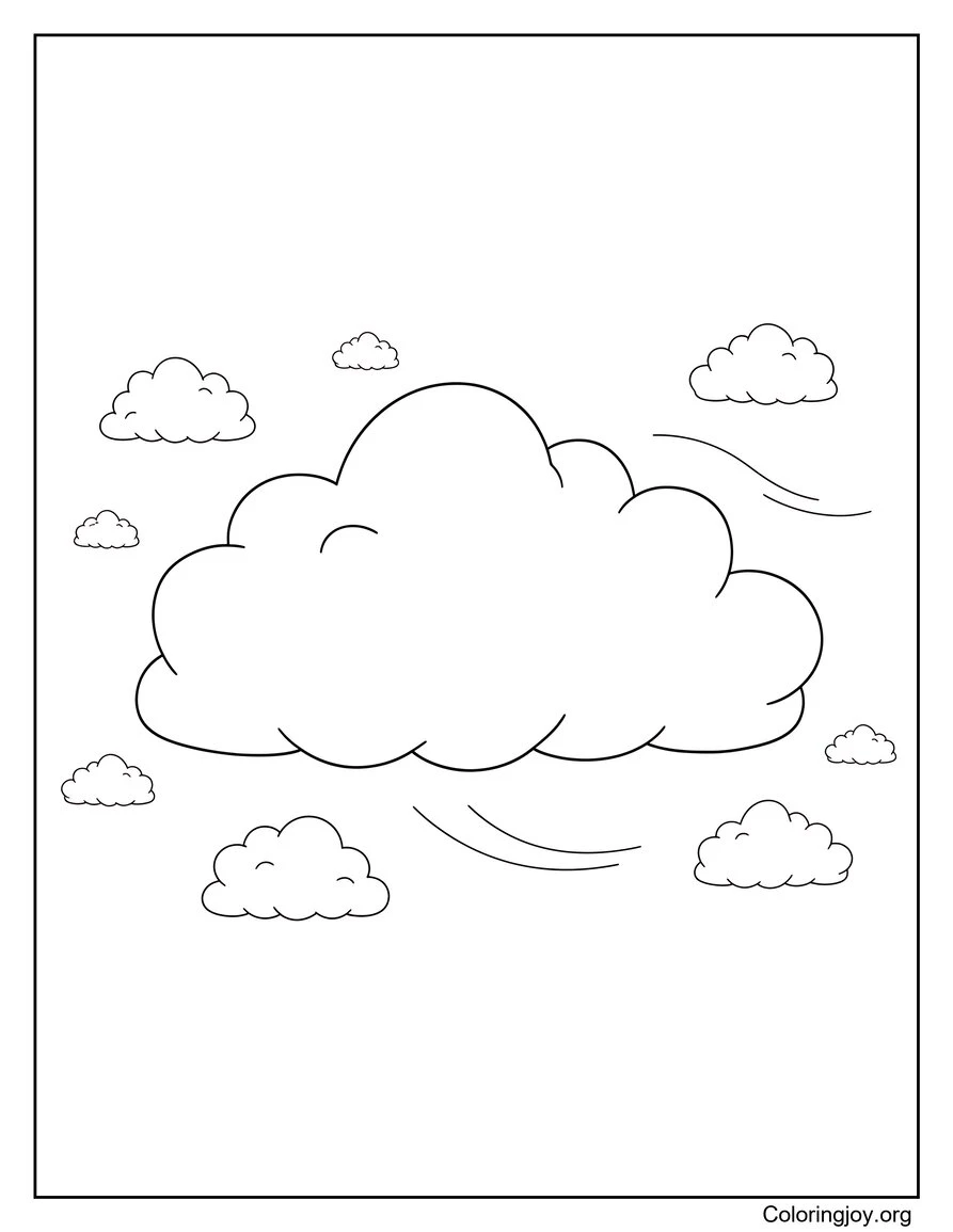 Hoja para colorear de verano con cielo azul y nubes, fácil de colorear