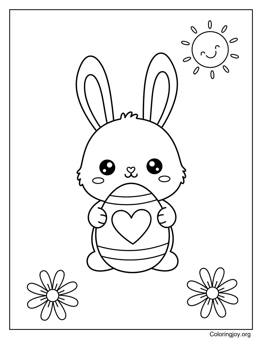 Página fácil para colorear de conejito de Pascua con huevo de corazón
