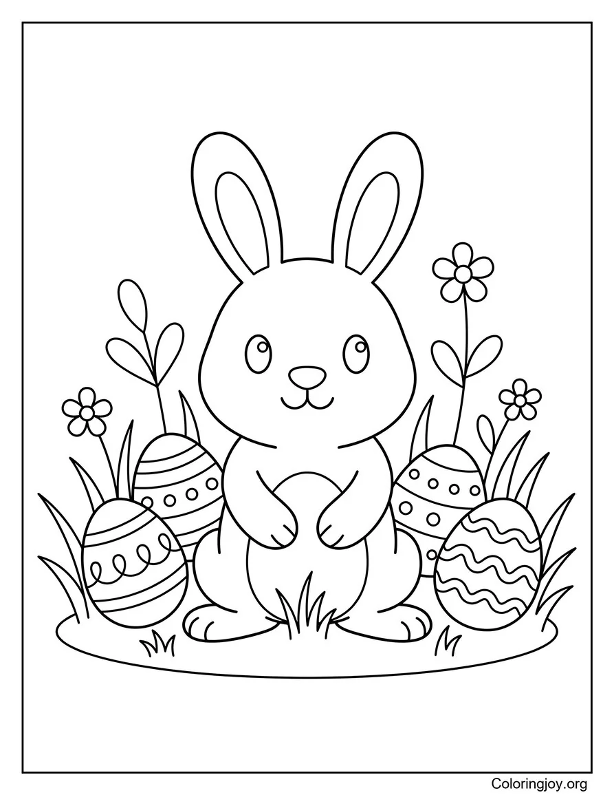 Página para colorear fácil de conejito de Pascua sentado en el jardín de huevos