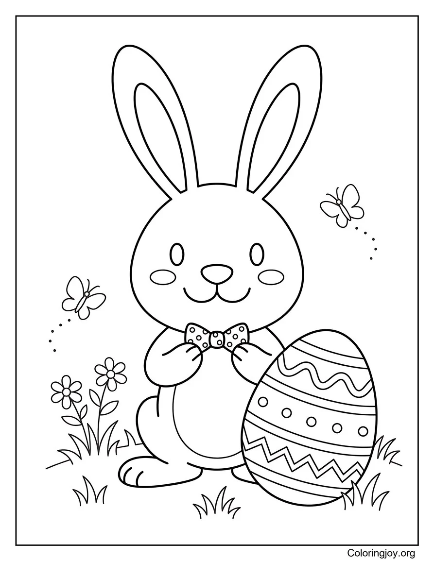 Página para colorear de conejito de Pascua simple con pajarita y huevo