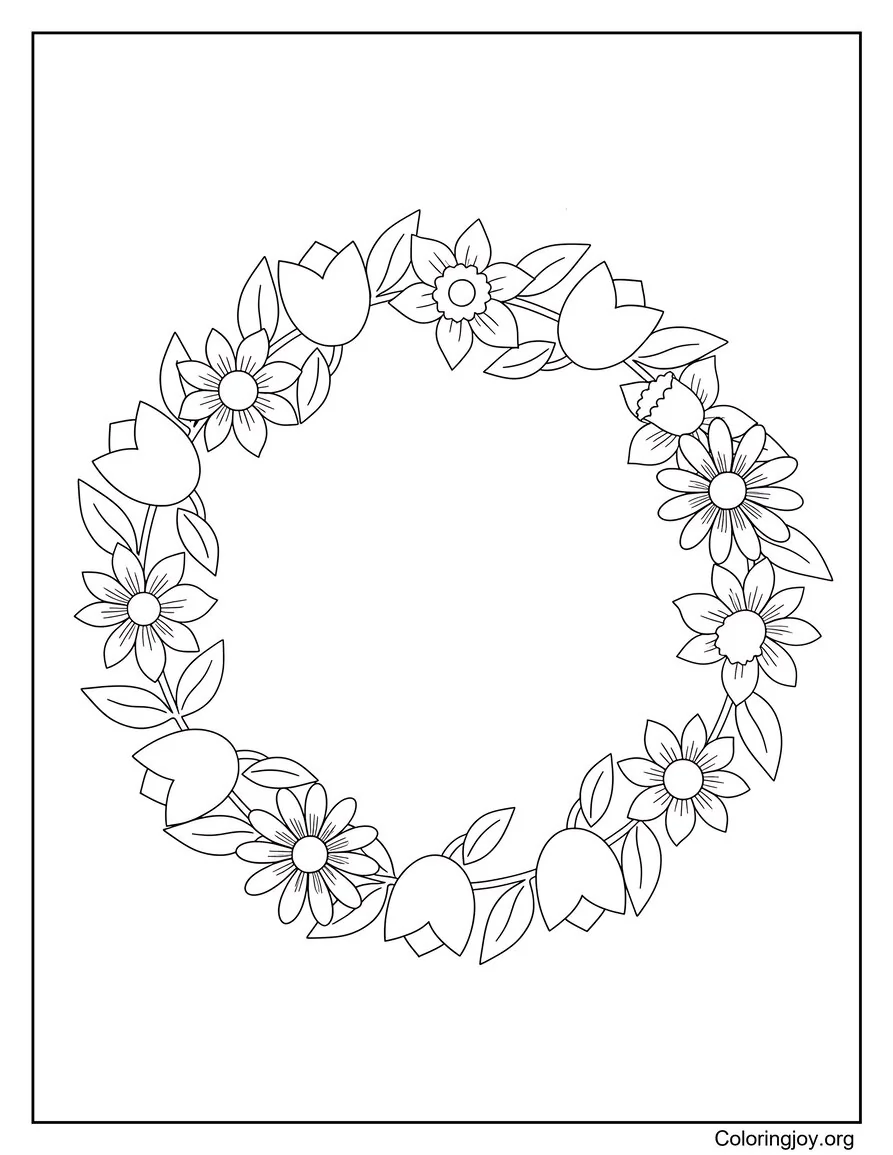 Página para colorear de corona de flores de primavera