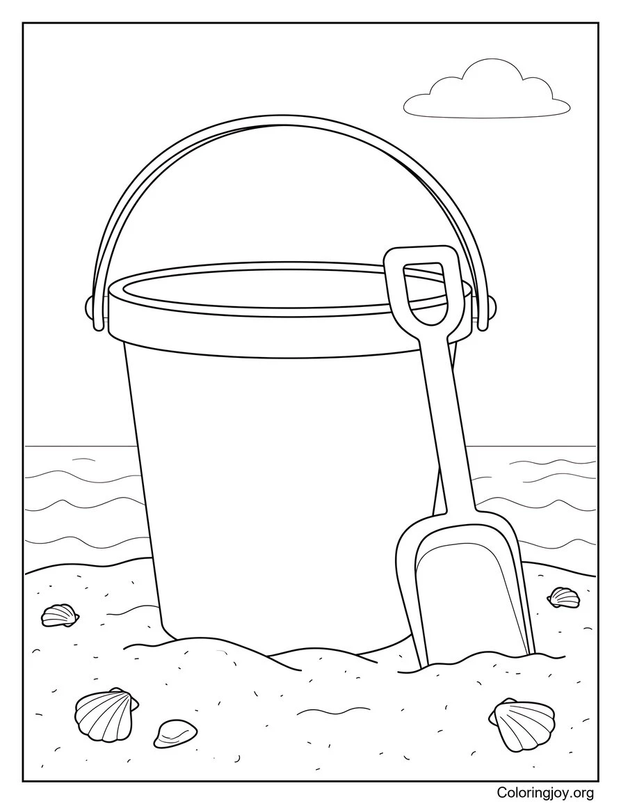Hoja para colorear fácil de cubo y pala de playa en la arena