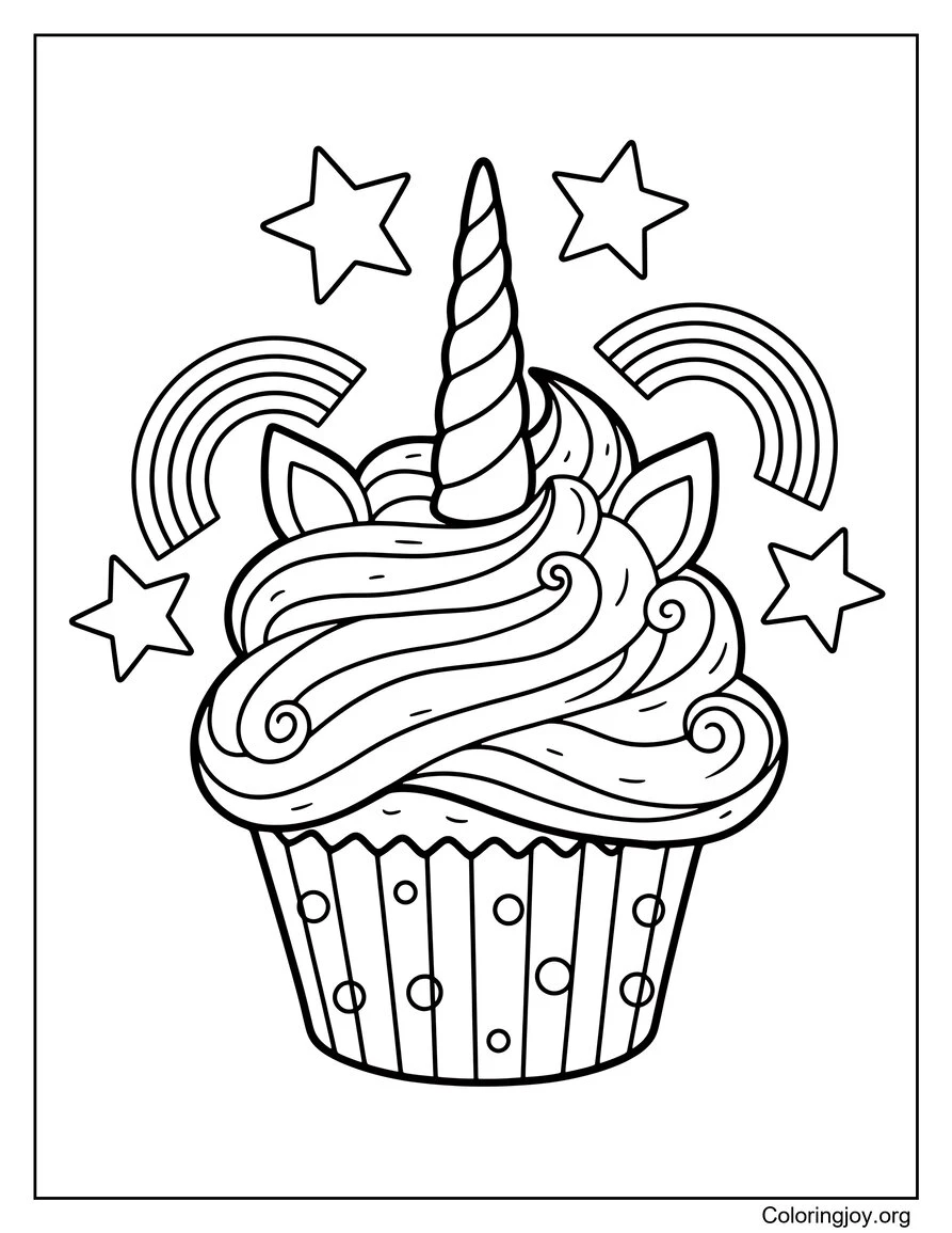 Página para colorear de cupcakes de unicornio mágico