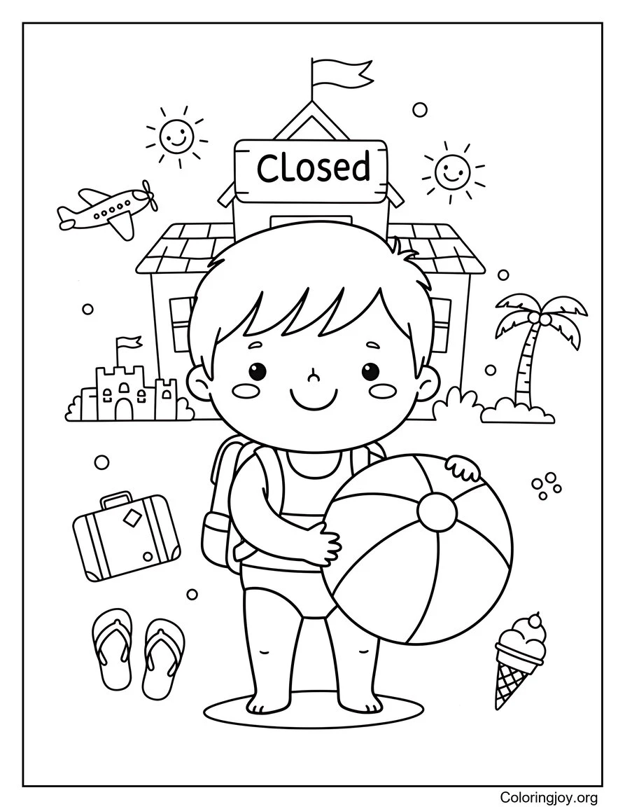 Página para colorear divertida de vacaciones escolares de verano imprimible