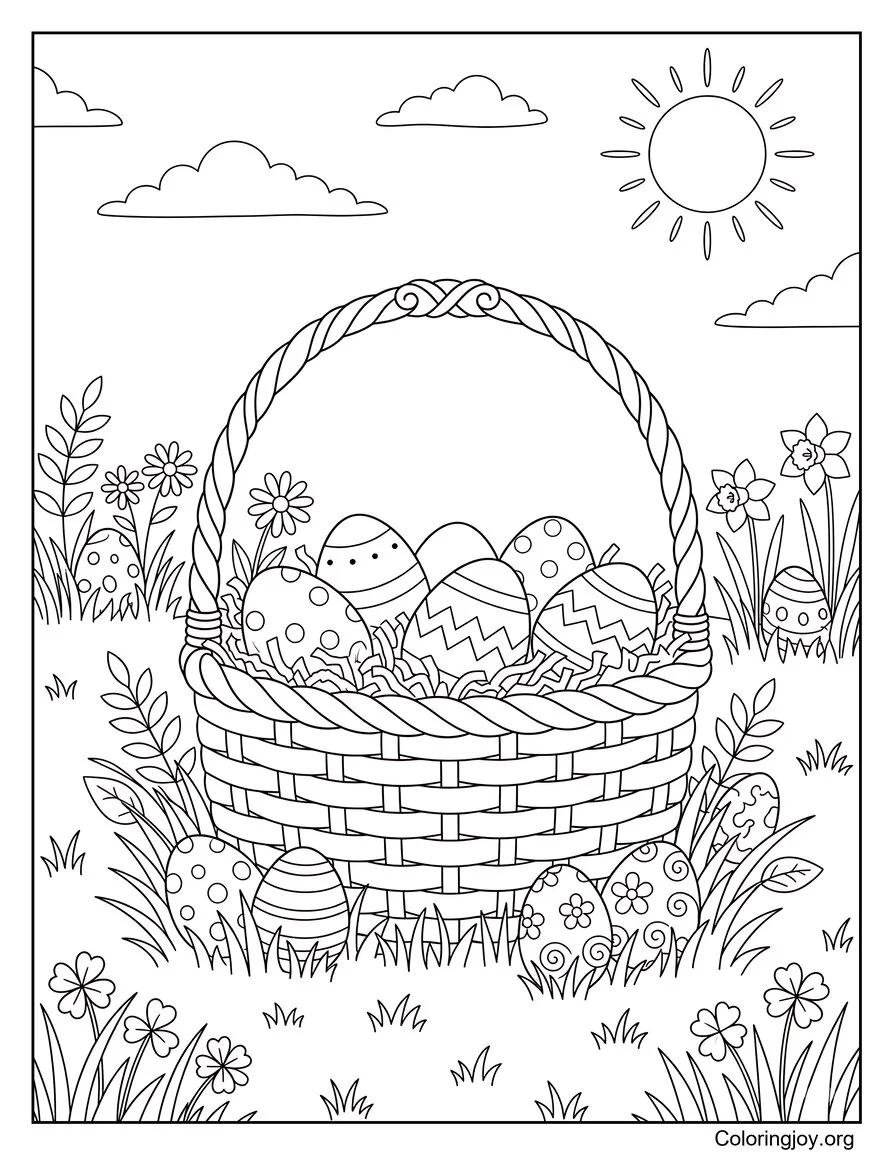 Escena de búsqueda de huevos de canasta de Pascua