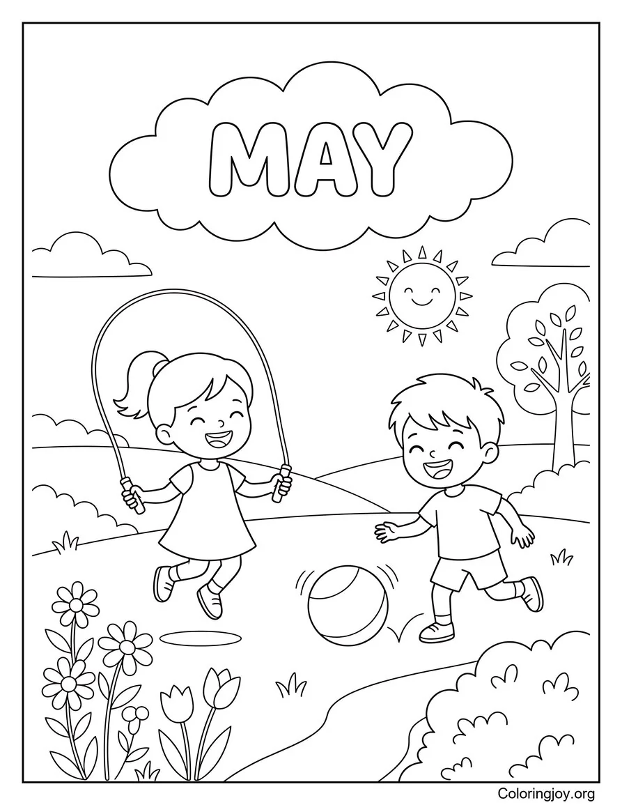 Escena de jardín soleado con niños jugando al aire libre Página para colorear