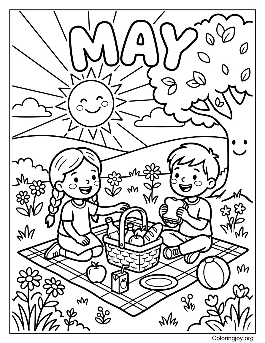 Página para colorear de escena de picnic de May Sunshine para niños