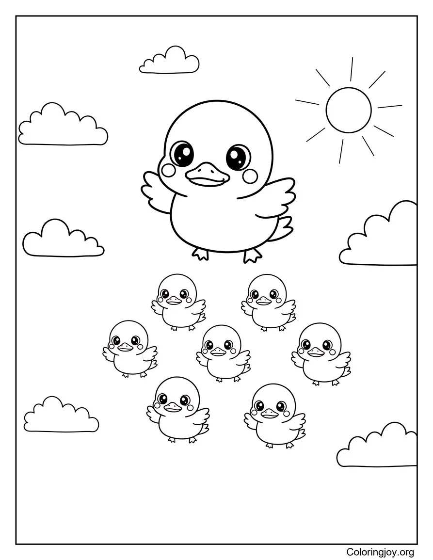 Familia de patos volando en formación