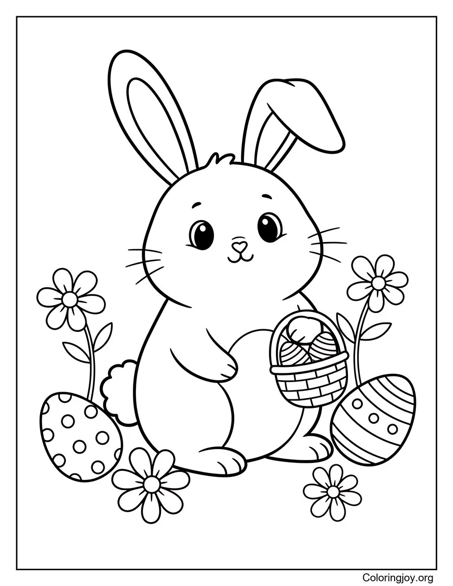 Imagen de feliz conejito de Pascua con una pequeña canasta para colorear