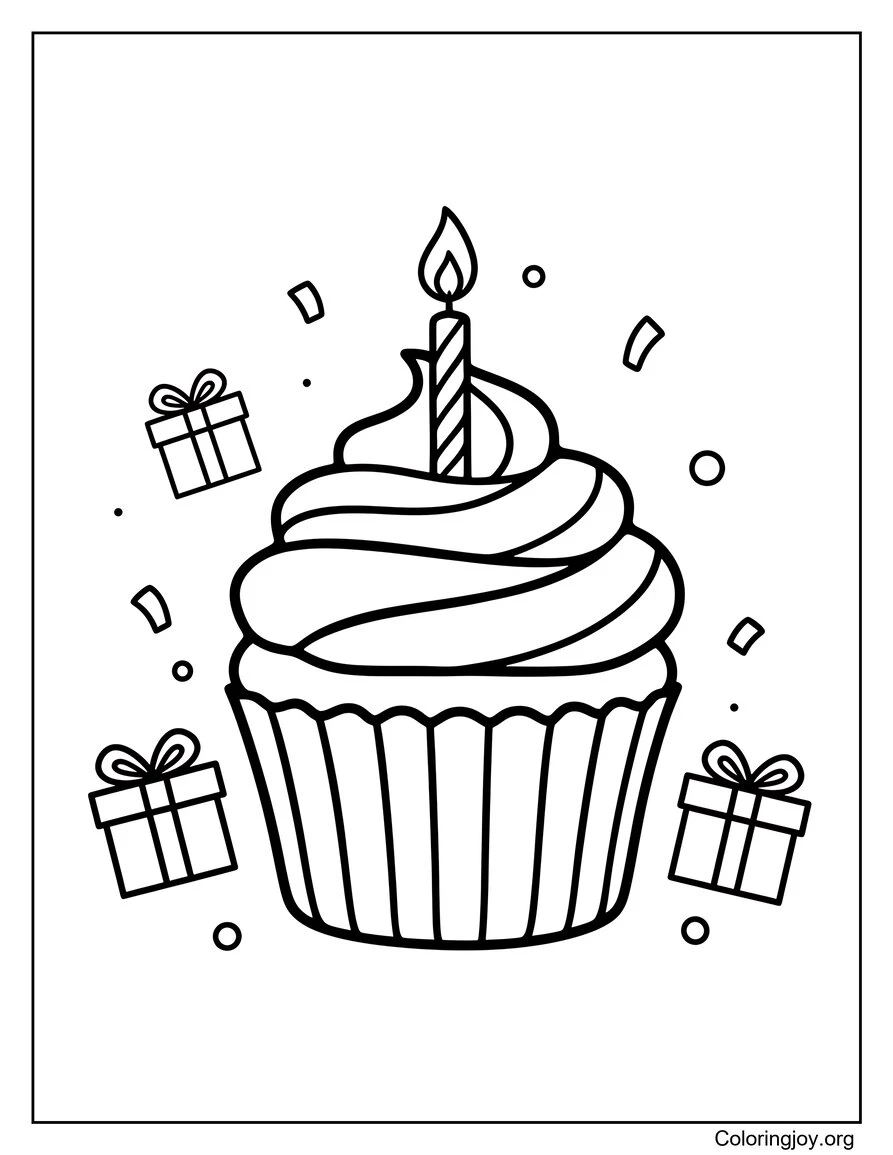 Página para colorear de cupcakes de feliz cumpleaños