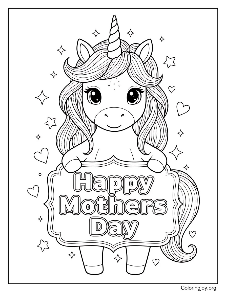 Feliz día de la madre Unicornio Página para colorear Tema mágico