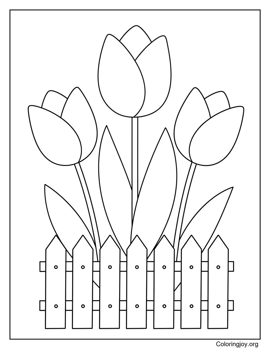 Página para colorear de flores de primavera junto a una pequeña valla