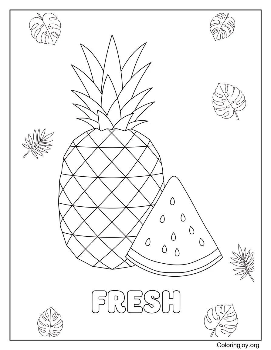 Página para colorear de frutas tropicales de verano Tema de comida divertida