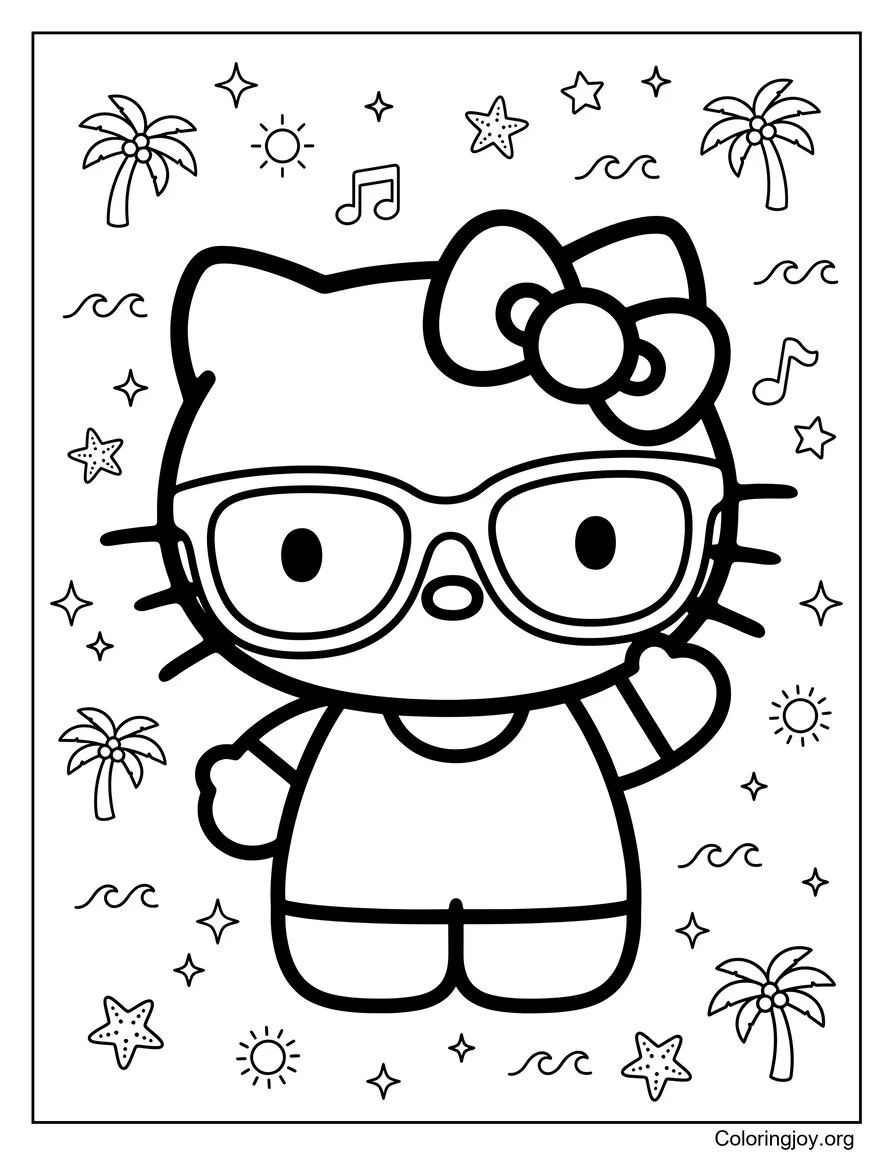 Estilo de gafas de sol Hello Kitty-Hoja para colorear inspirada