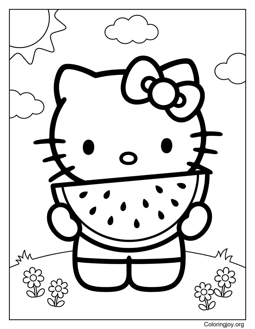 Página para colorear de gatito con rebanada de sandía